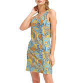 Pinsa Rib Knit V-Neck Mini Dress - Kaleidoscope Paisley Floral Retro Bold Vibrant Tank Dress Blue Orange Yellow Flower Power